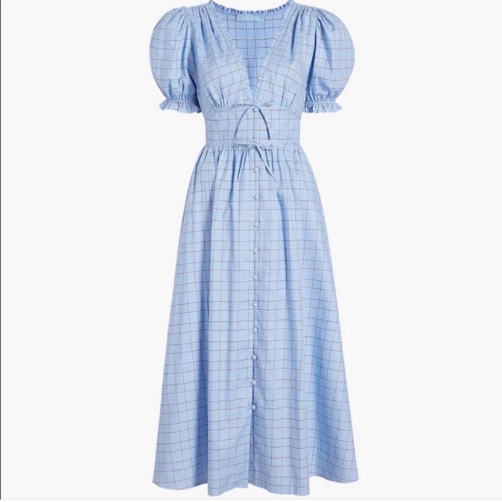 HILL HOUSE Sabrina Midi Nap Dress check blue M EUC bows